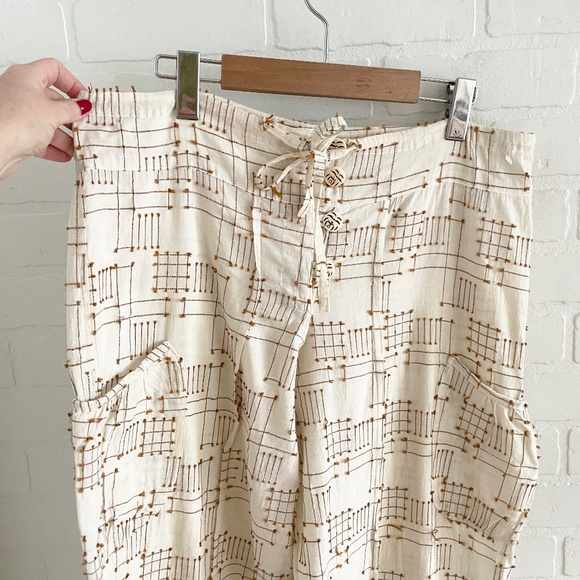 L.A.M.B Wide leg pants cotton linen Embroidered Ecru Caramel Lagenlook pockets L - Picture 2 of 13